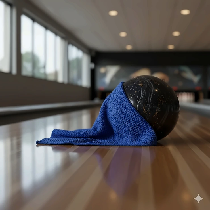 A microfiber bowling ball towel resting on a polished lane, ready to clean and maintain the ball's surface for optimal grip.