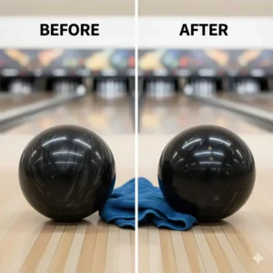 Before and after image illustrating the difference in the bowling ball's surface cleanliness after using a quality bowling ball towel.