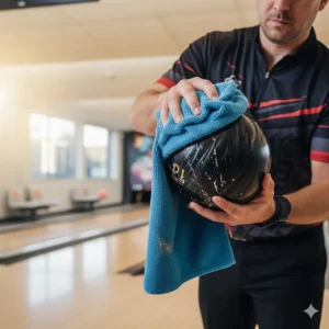 A bowler using a specially designed bowling ball towel to thoroughly wipe down their ball after a frame, removing oil and debris.