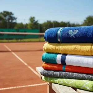 Stack of colorful tennis towels in various designs, showcasing different options for players.