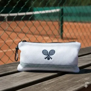 A compact tennis towel folded and stored in its breathable carrying pouch, highlighting portability.