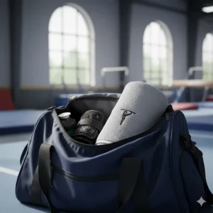 A rolled-up, compact gymnastics towel fitting easily into a small sports duffel bag, ready for training sessions.