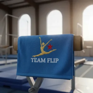Photo of a colorful gymnastics towel featuring personalized embroidery or a team logo.