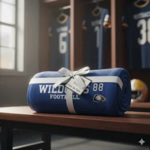 A rolled personalized football towel tied with ribbon, perfect for a custom player gift.