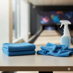 Comparison image showing a dry bowling ball towel next to one lightly dampened with ball cleaner, illustrating the two main uses.