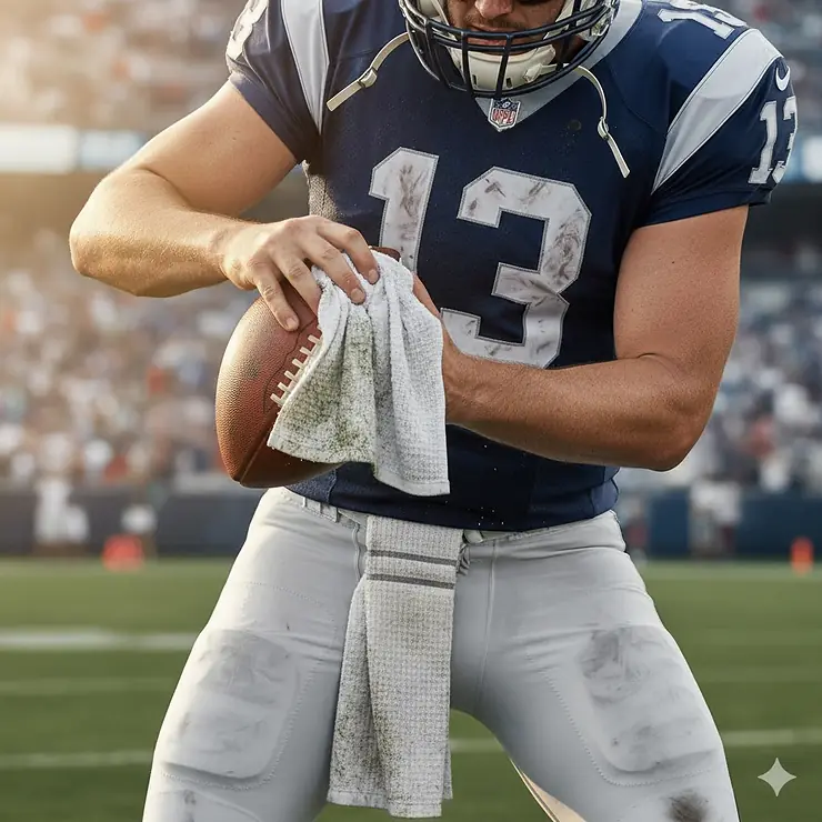 Football towel tucked into a player's uniform, essential gear for wiping sweat and keeping the football dry during a competitive game.