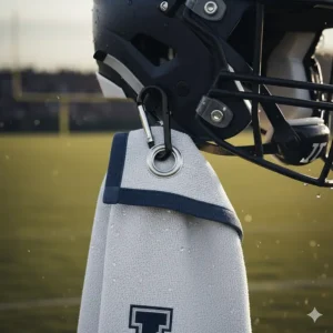 Detail of a football towel showing the reinforced grommet and hanging clip/hook.