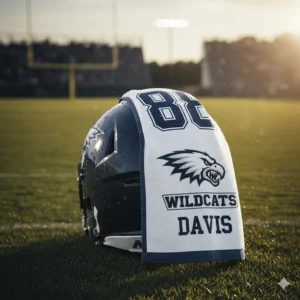 Moisture-wicking personalized football towel attached to the back of a helmet.