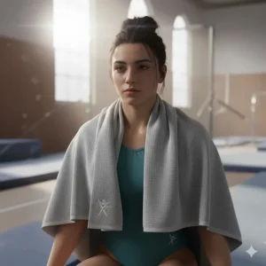 A female gymnast cooling down after a practice, using a large, soft gymnastics towel around her neck.