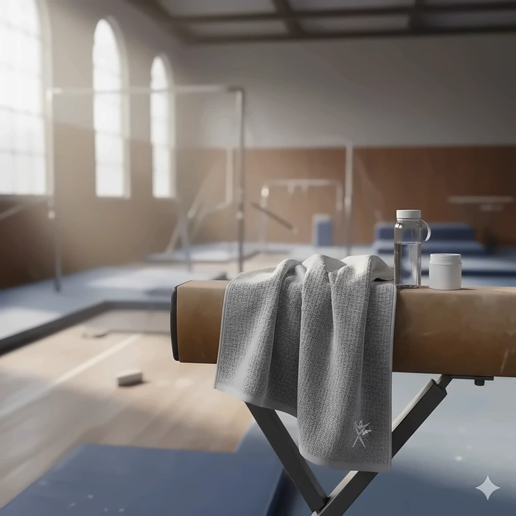 A highly absorbent, quick-dry gymnastics towel draped over a balance beam, showing its texture and size for athletes.