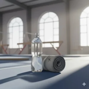 Image demonstrating the compact, foldable size of a travel-friendly gymnastics towel next to a standard water bottle.