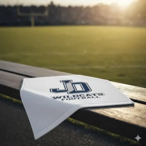 Crisp white personalized football towel with a bold, printed monogram.