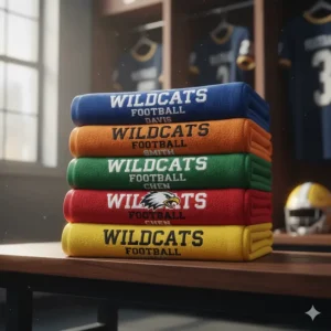 Stack of brightly colored personalized team football towels ready for distribution.