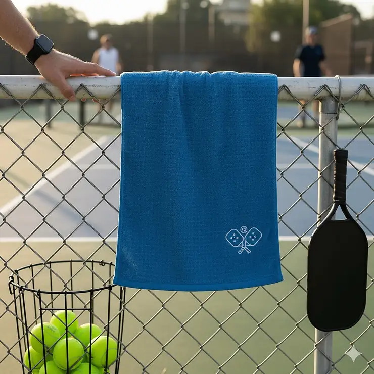 Premium quick-dry pickleball towel hanging on a court fence, ready for use during a match.