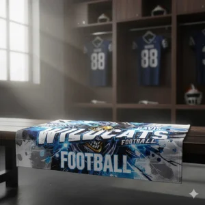 Example of a sublimation printed football towel with a full-color, detailed graphic design.