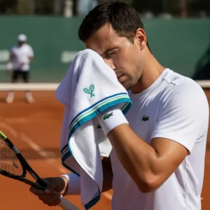 A tennis player using a highly absorbent tennis towel to quickly wipe away sweat during a match.