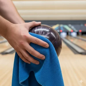 A person securely gripping a bowling ball with a cleaning towel wrapped around it, demonstrating proper handling.