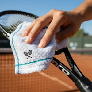 A small, specialized tennis towel being used to dry a racquet grip for better hold and control.