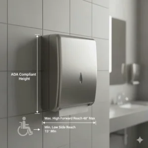 Diagram showing an ADA compliant paper towel dispenser mounted at the correct height for accessibility standards.