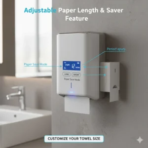 Control panel or diagram showing how to adjust the dispensing length of paper from the touchless unit.