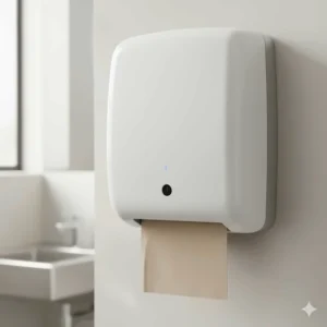 Hands-free automatic paper towel dispenser with a motion sensor for hygienic use in commercial settings.