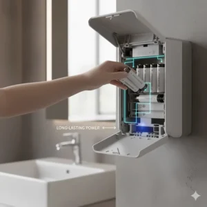Diagram showing the battery-operated compartment, emphasizing long-lasting power for the dispenser.