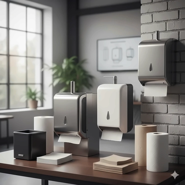 Collection of the best commercial and home paper towel dispensers, showing different mounting options and finishes.