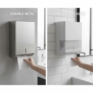 Comparison illustrating the differences between plastic and durable stainless steel metal paper towel dispensers.