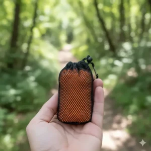 Extremely compact travel towel rolled and packed inside its small mesh carrying pouch, demonstrating its space-saving design.