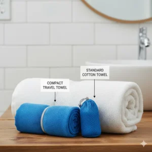 Comparison illustrating the compact size of a rolled-up microfiber travel towel next to a bulky standard cotton towel.