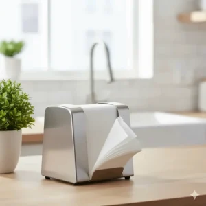 Stylish stainless steel countertop paper towel dispenser holding multifold towels for kitchen or office.