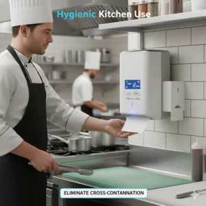 The hygienic automatic paper towel dispenser being used in a busy restaurant kitchen setting.