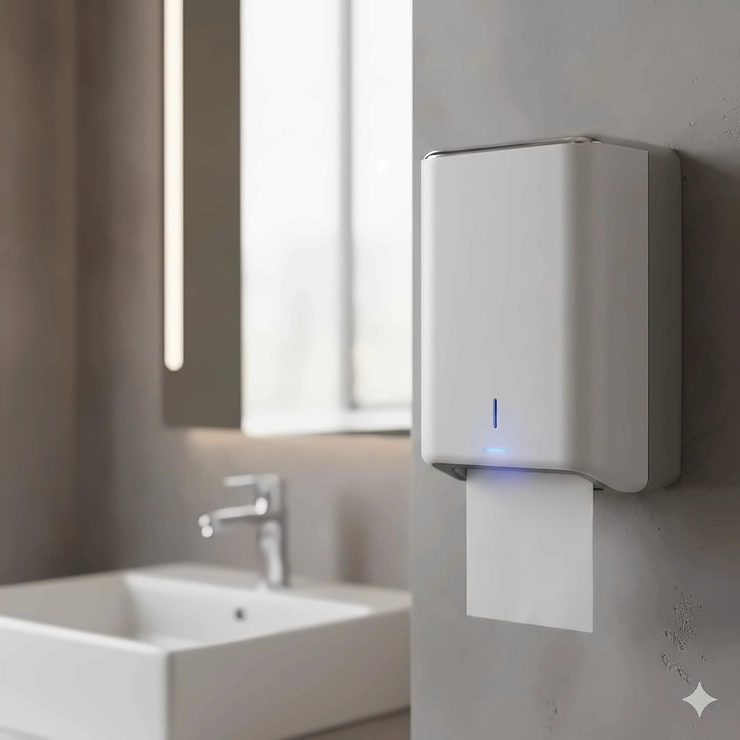 A sleek, white electric paper towel dispenser mounted on a wall in a modern commercial washroom.