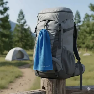 Quick-drying microfiber travel towel hanging with a snap-loop on a backpack, ready for the next adventure.