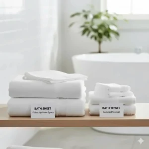Neatly folded linen showing how much more space a large, fluffy bath sheet takes up on a shelf compared to a smaller bath towel.