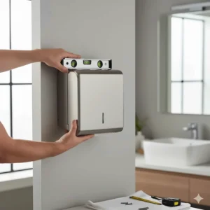 Illustration showing the correct mounting process for installing a new paper towel dispenser on a bathroom wall.