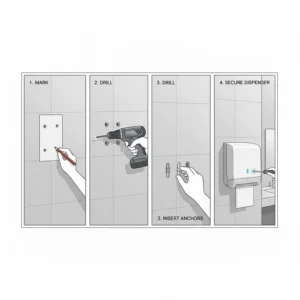 Instructions demonstrating the easy steps to install a paper towel dispenser onto a wall.