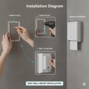Step-by-step diagram illustrating the simple wall-mounting installation of the paper towel dispenser.