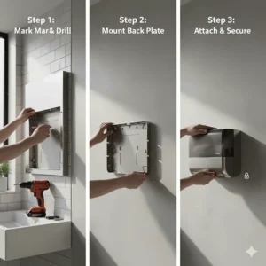 Step-by-step image illustrating the easy wall mounting and installation process for a new San Jamar paper towel dispenser.