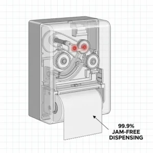 Close-up of the hygienic, 99.9% jam-free dispensing mechanism on the ICON Kimberly Clark professional paper towel dispenser.