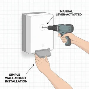 Image showing the simple process of mounting the Kimberly-Clark Sanitouch manual hard roll towel dispenser to a wall.