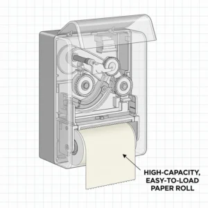 An open Kimberly-Clark Aquarius hard roll towel dispenser showing the high-capacity, easy-to-load paper towel roll inside.
