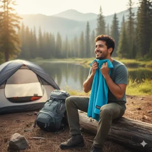 Lightweight microfiber travel towel used by a hiker at a campsite for its fast-drying and portable properties.