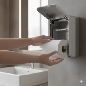Hands easily loading a new roll of paper towels into the interior of the electric paper towel dispenser.