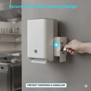 The key and lock mechanism on the commercial electric paper towel dispenser to prevent tampering.