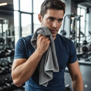Man in fitness attire using an absorbent, quick dry gym towel to wipe sweat from his face during a workout.