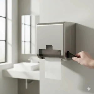 Wall-mounted manual paper towel dispenser with a simple lever mechanism for single-sheet dispensing.