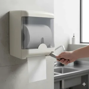 Manual lever-operated roll paper towel dispenser with high capacity for busy commercial kitchens or washrooms.