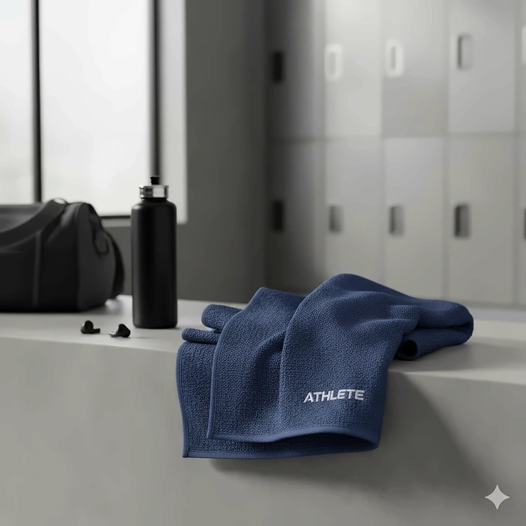 Quick dry gym towel in premium blue microfiber, neatly folded for compact travel and gym bags.