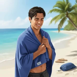 Person drying off quickly at the beach with a large, absorbent microfiber travel towel.